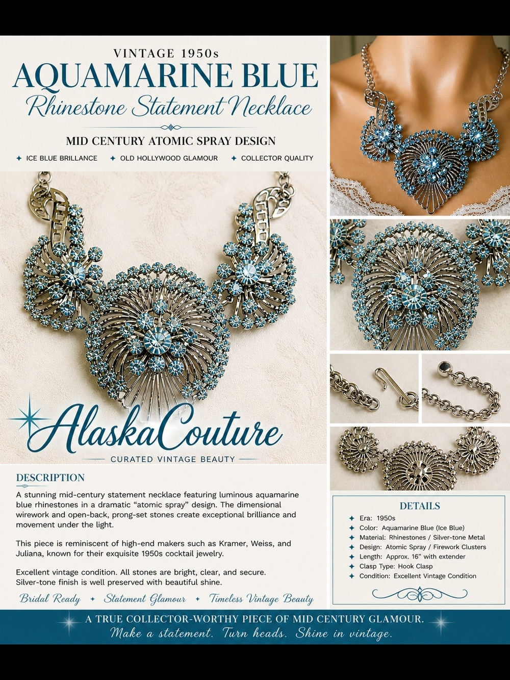 1950's Aquamarine Blue Rhinestone Statement Necklace